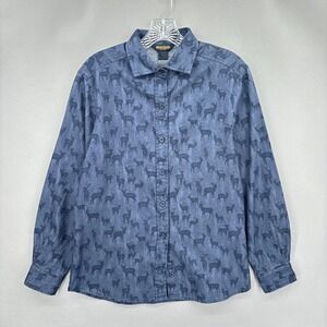 Woolrich Shirt Womens Small Blue Button Down Long Sleeve Deer Elk Print Outdoors